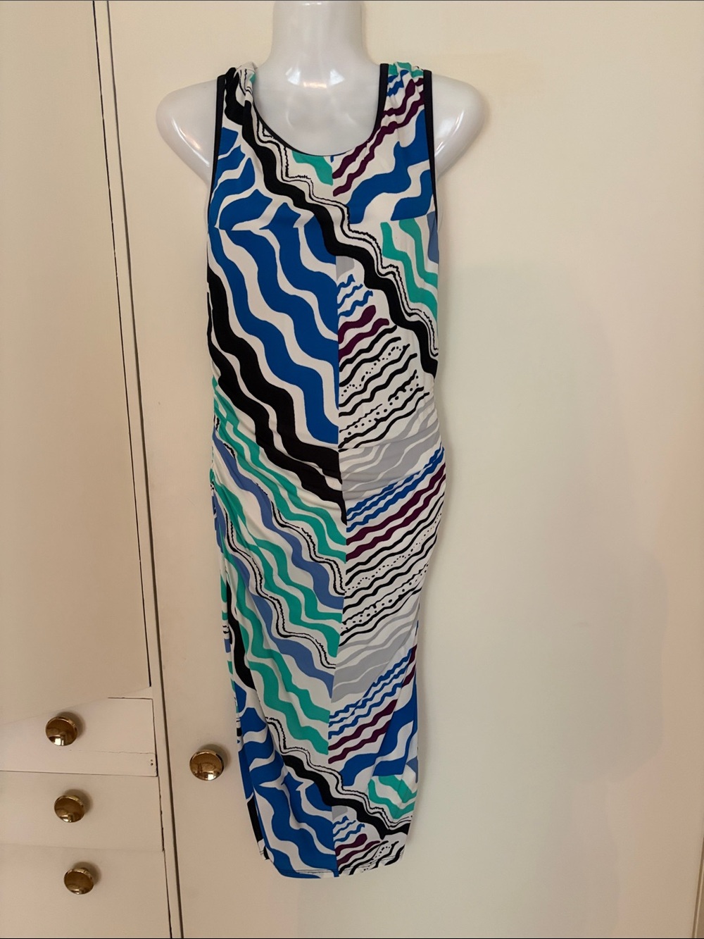 Tracy Reese Wave-Print Sleeveless Maxi in Blue, Teal, Black & White